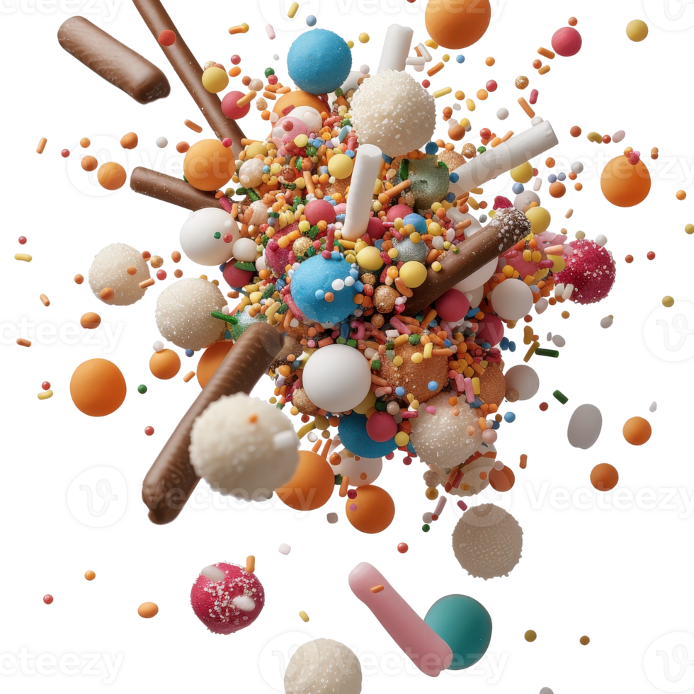 Colorful Dessert Sprinkles and Candies Falling in Air Against Dark Background png