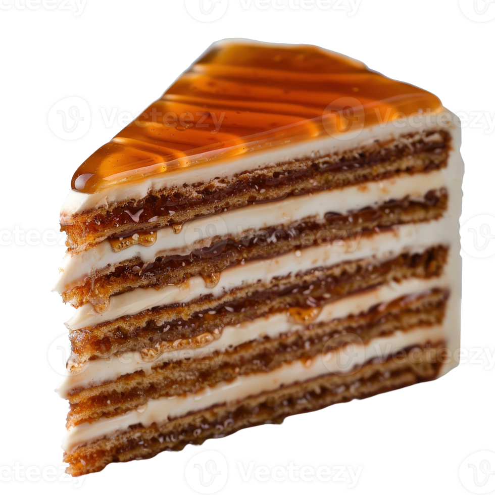 Delicious Layered Honey Cake with Caramel Glaze and Creamy Filling on a . png
