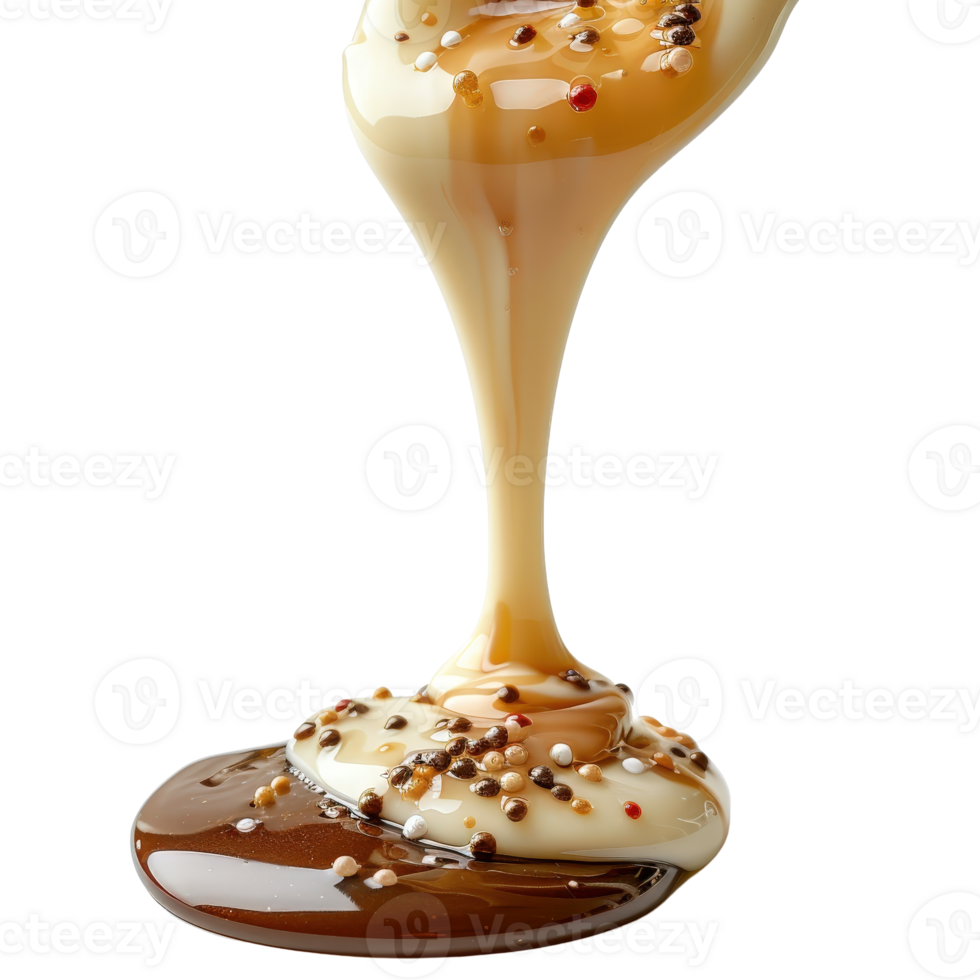 Creamy Chocolate and Caramel Drizzle with Colorful Sprinkles on a Smooth Surface png