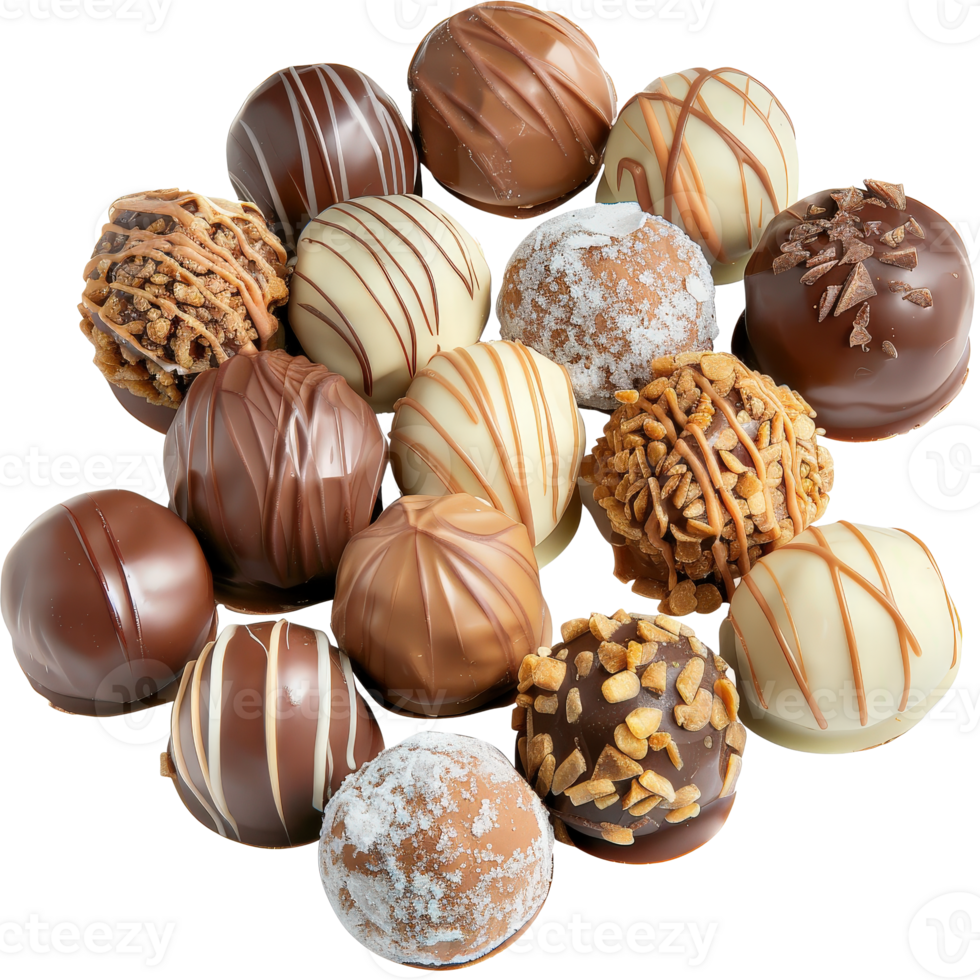 Assorted Chocolate Truffles with Various Textures and Toppings on . png