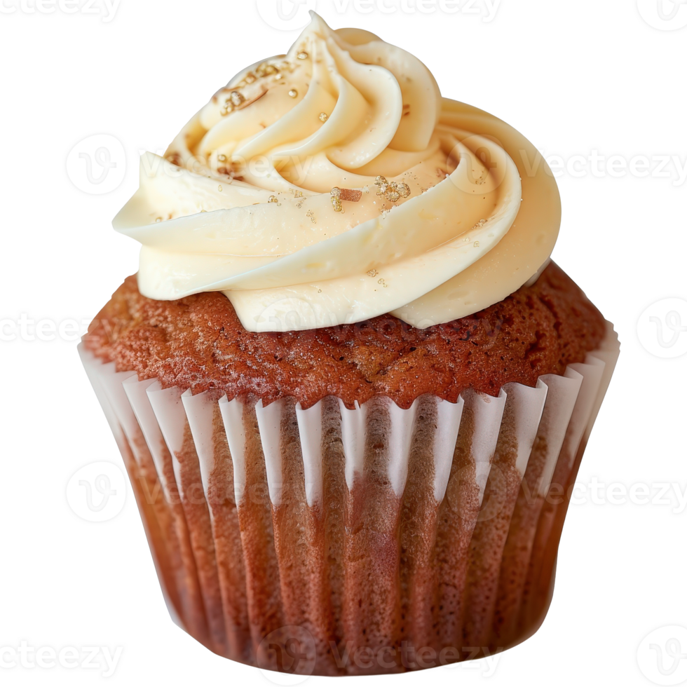 Delicious vanilla cupcake with swirls of creamy frosting and golden sprinkles on top png