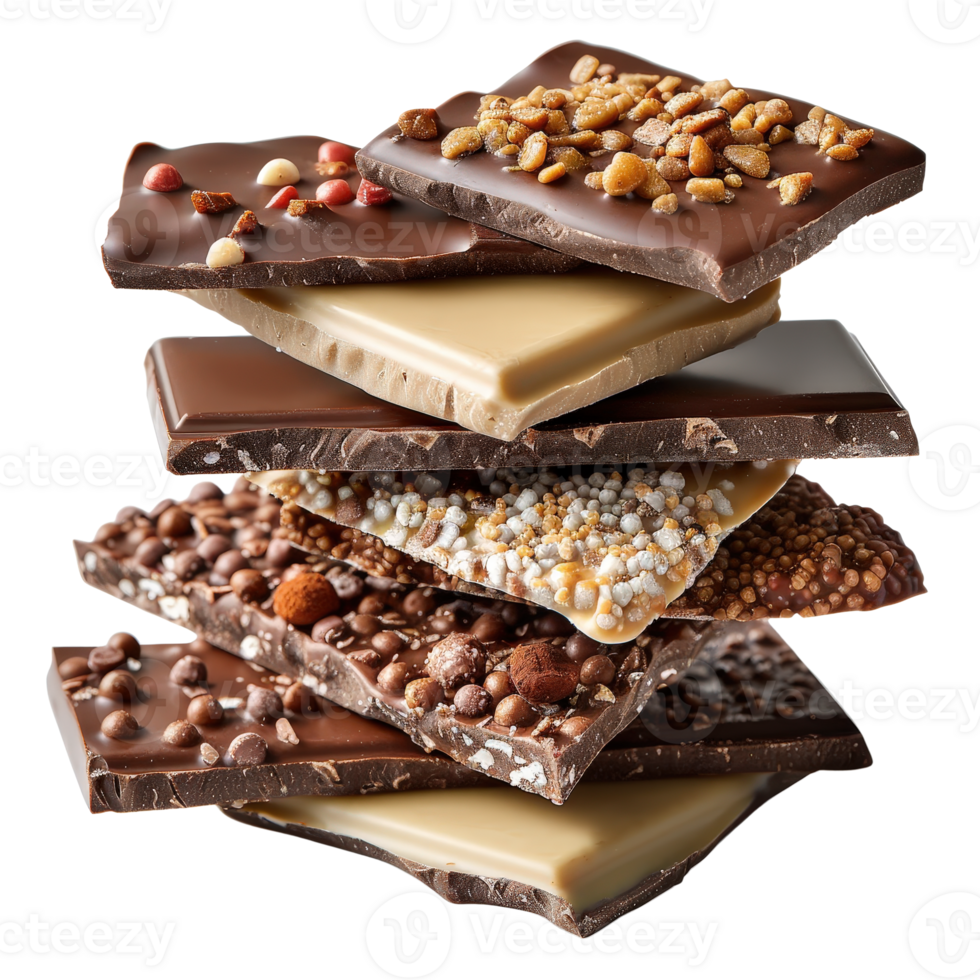 Assorted Chocolate Bars Stacked with Nuts and Candies on a White Background png