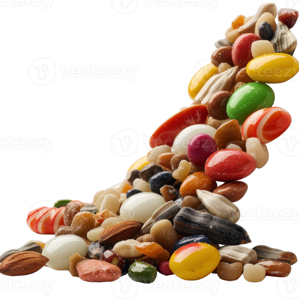 Colorful Variety of Candies and Nuts Forming a Decorative Pile on a White Background png