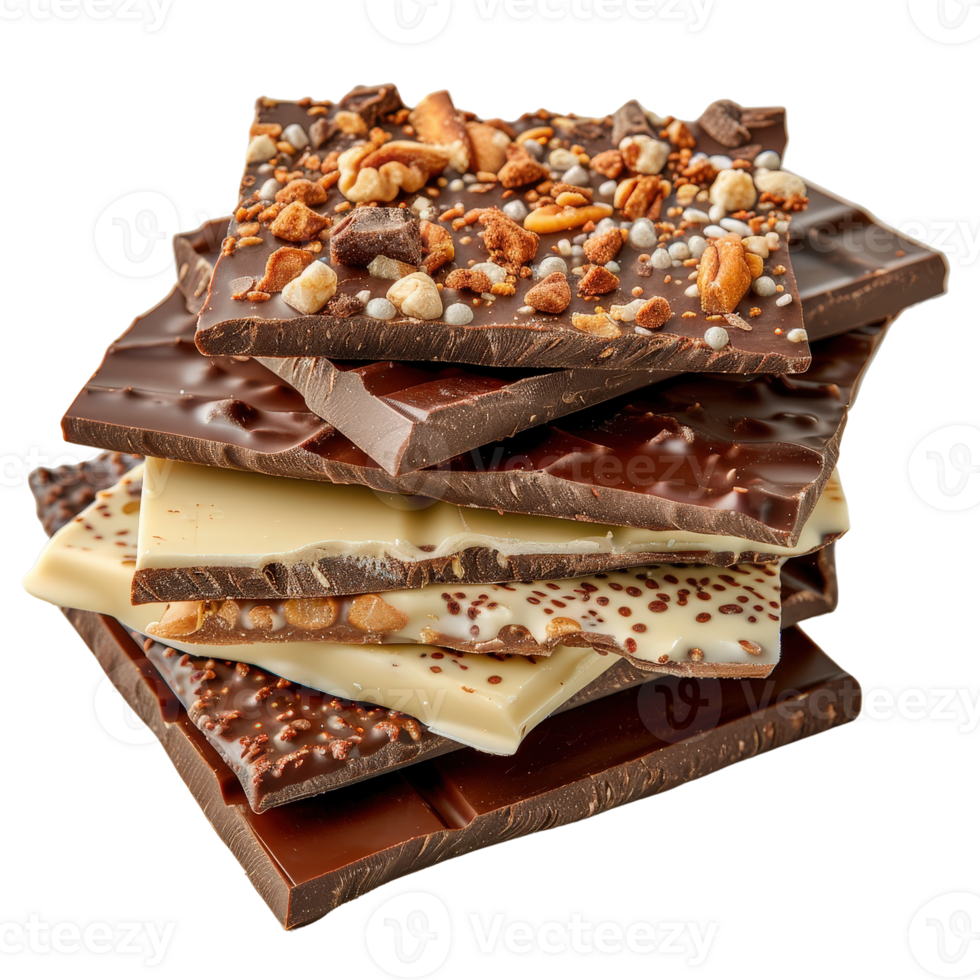 Assorted Chocolate Bars with Toppings Piled High for Tempting Treat Display png