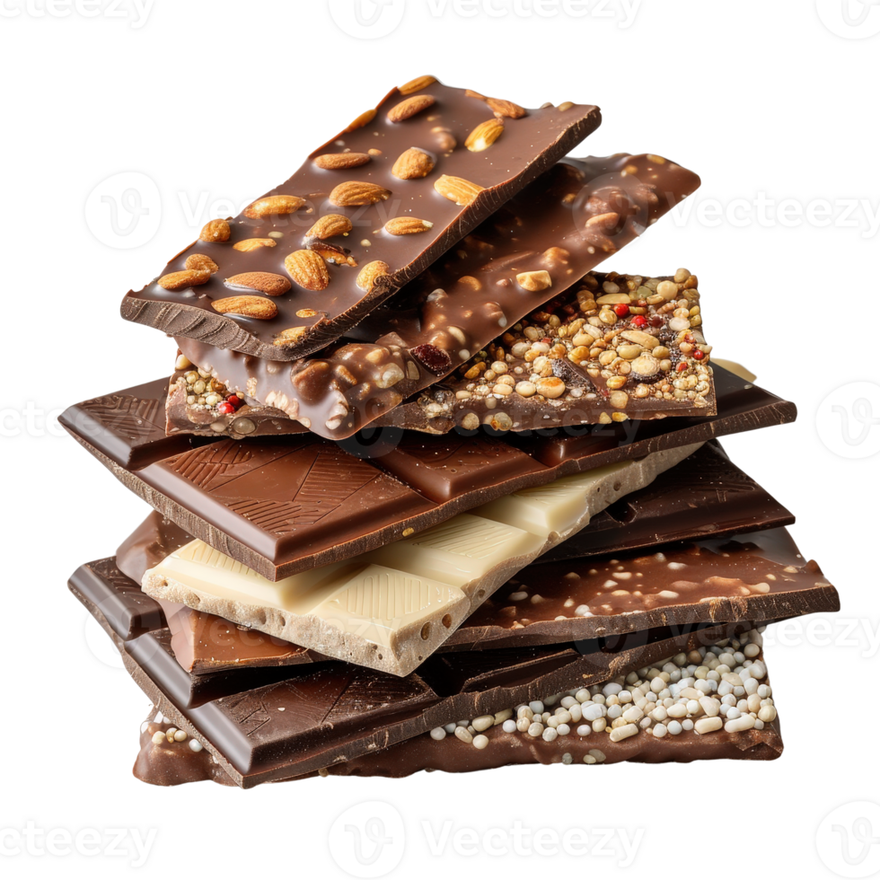 Assorted Gourmet Chocolate Bars with Nuts and Unique Toppings Stacked Aesthetic Arrangement png