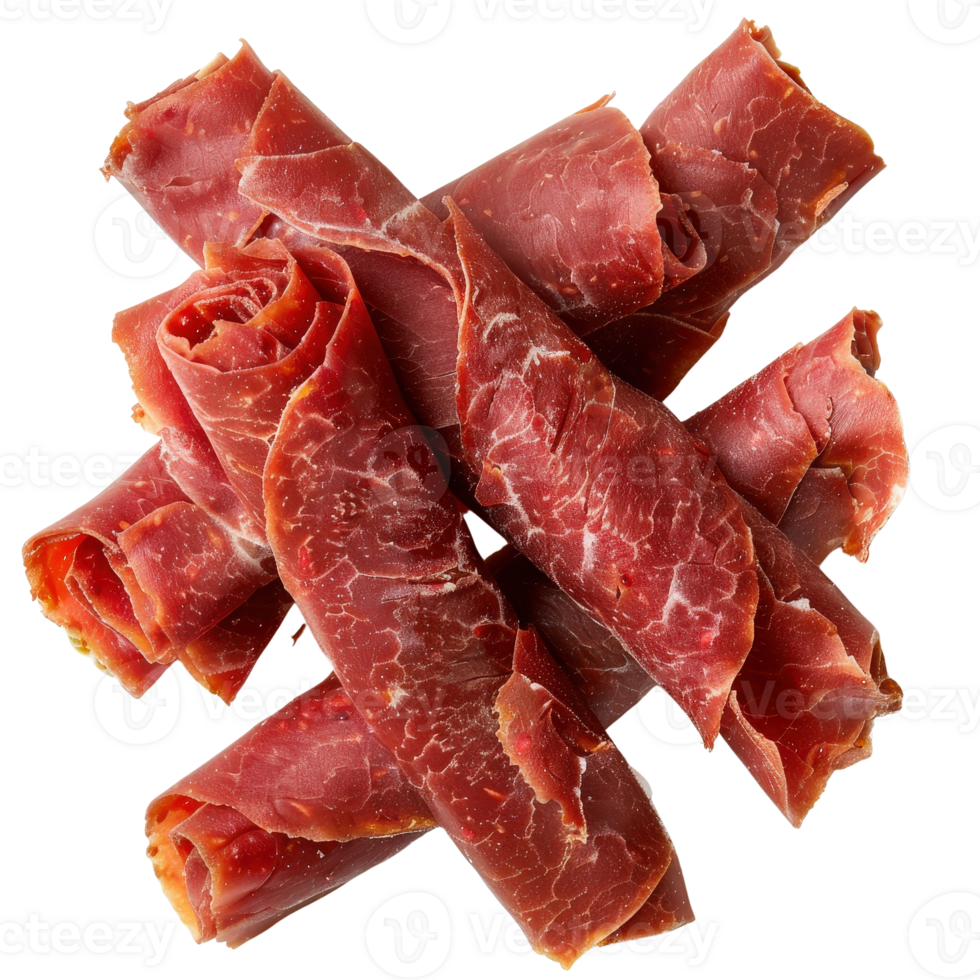 Delicately Rolled Beef Jerky Strips on White Background for Culinary and Snack Purposes png