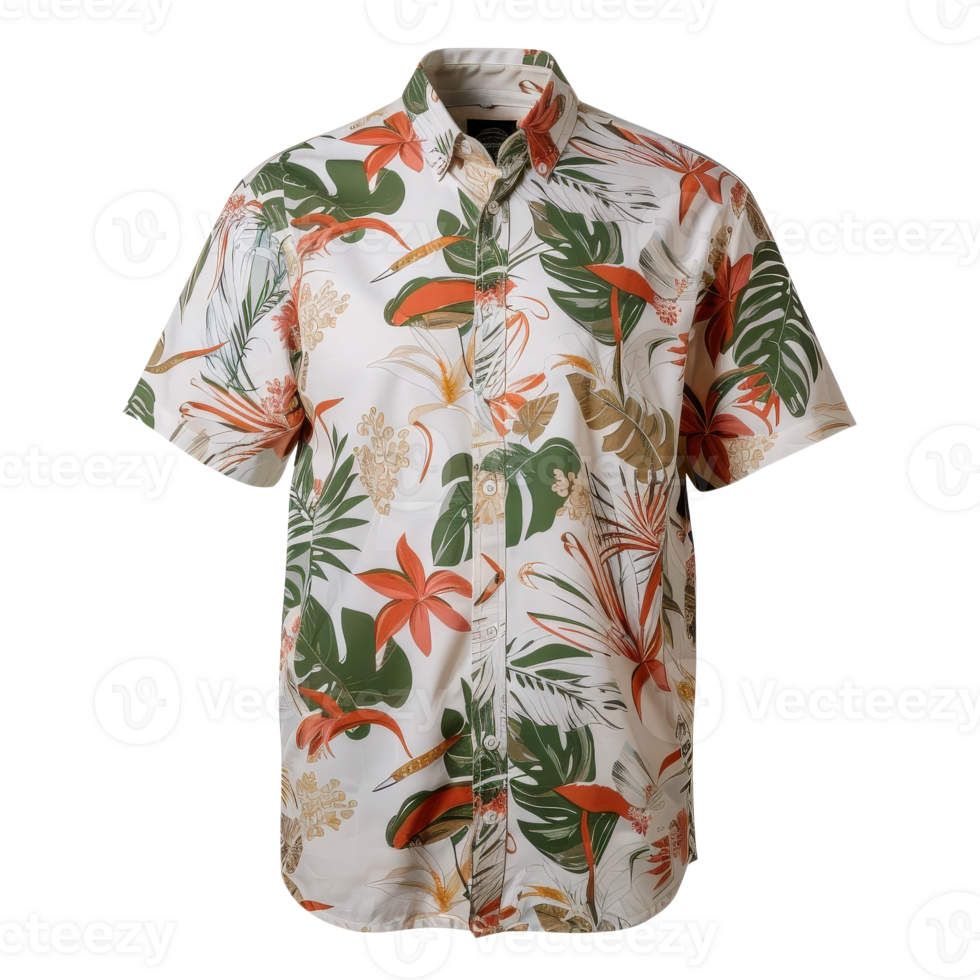 Tropical Shirt with Vibrant Floral Pattern and Green Leaves for Summer Fashion png