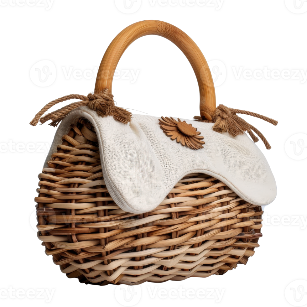 Stylish Woven Basket Handbag with Elegant Fabric Cover and Decorative Floral Accent png