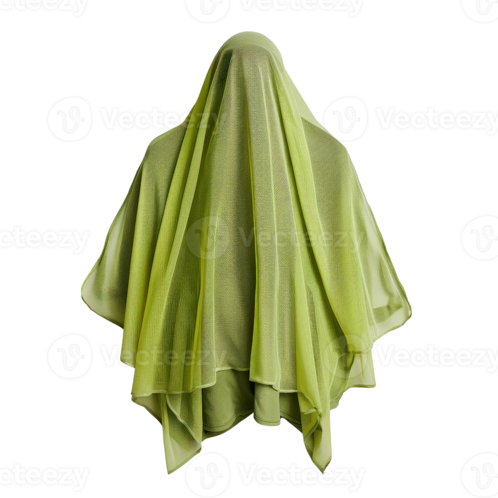 Ethereal Figure Shrouded in Sheer Green Fabric with Flowing Layers and Soft Textures png