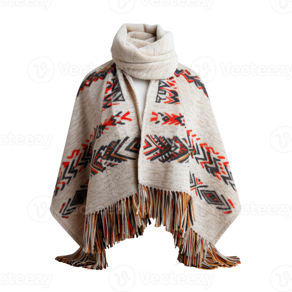 Stylish Bohemian Poncho with Fringe and Geometric Patterns for Cozy Winter Fashion png