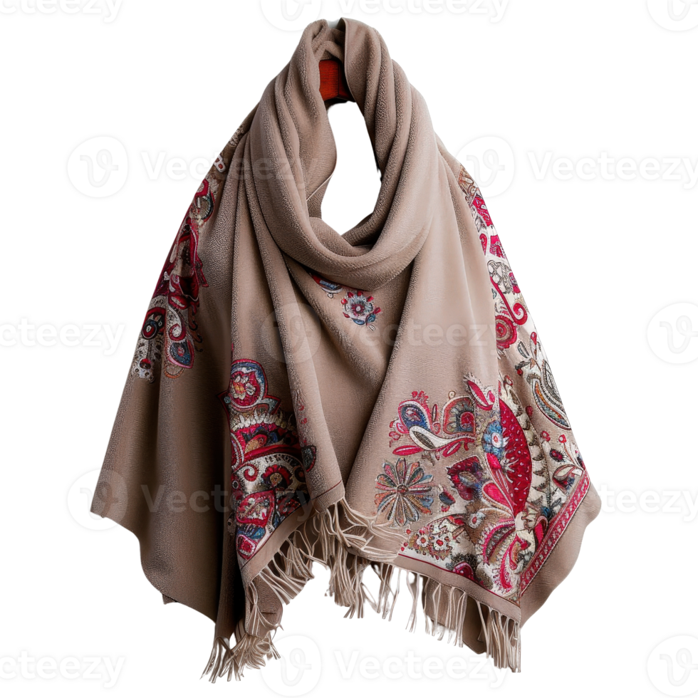Elegant beige shawl with detailed embroidery and fringes for fashion and accessory styling png