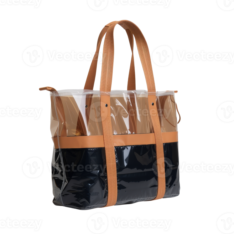 Stylish Transparent Tote Bag with Brown Straps for Modern Fashion Enthusiasts and Beach Lovers png