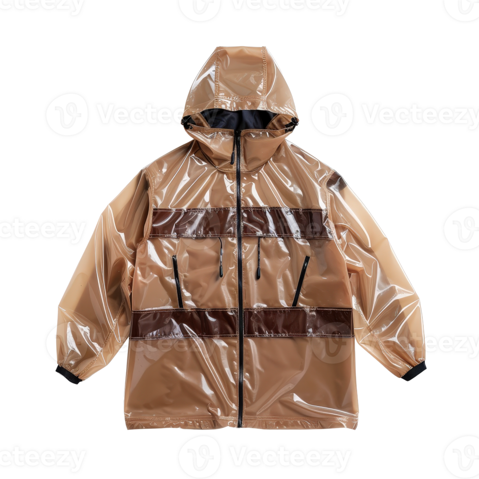 Clear rain jacket with brown stripes and hood for stylish outdoor protection and fashion use png