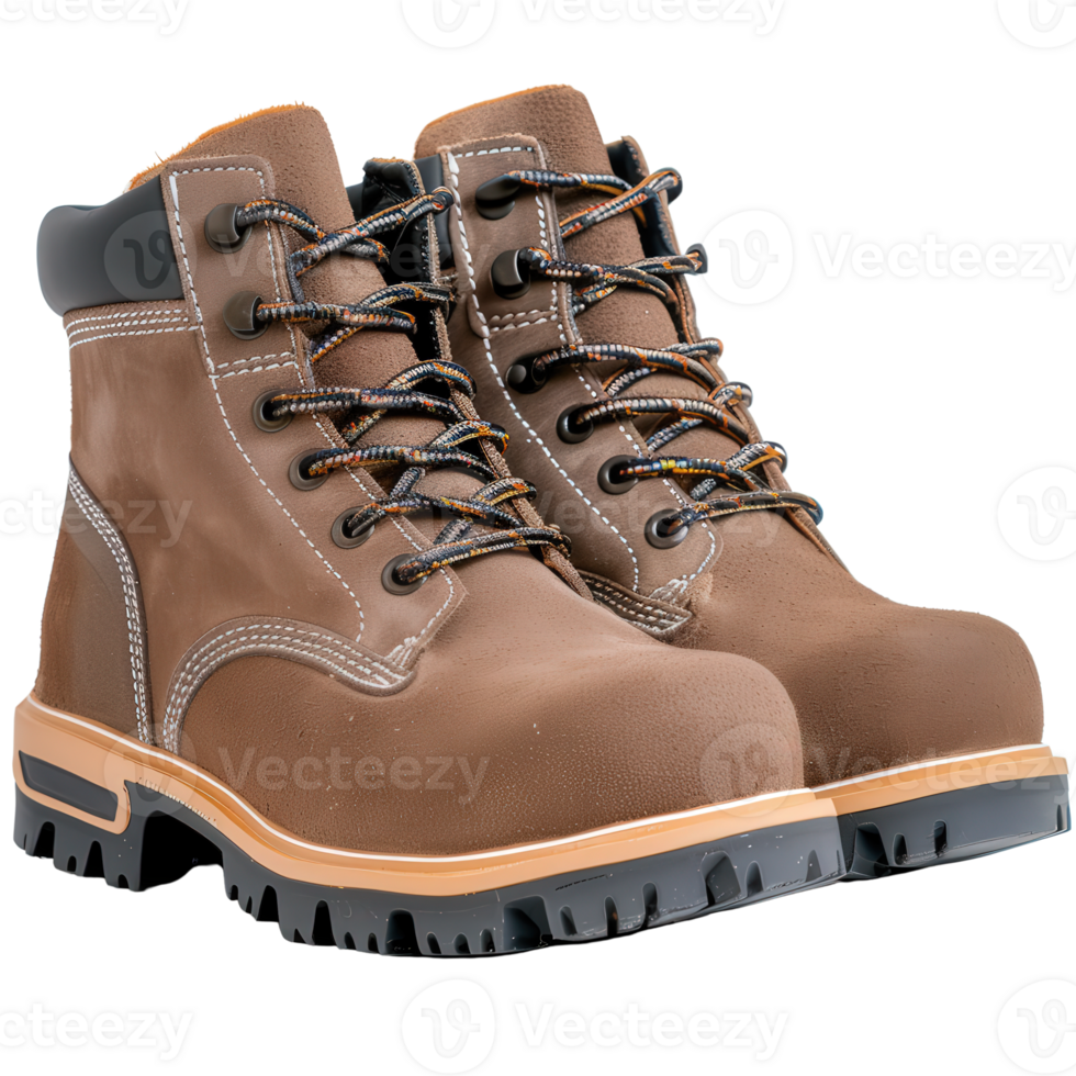 Detailed brown hiking boots with sturdy laces and rugged soles for outdoor adventures png