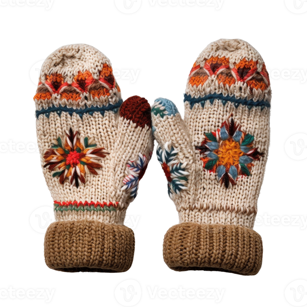 Cozy Knitted Mittens with Colorful Patterns for Winter Fashion and Hand Warmth png