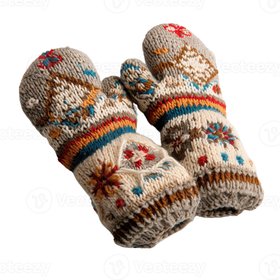 Handcrafted Knitted Mittens with Colorful Patterns and Warm Textiles for Cold Weather Use png