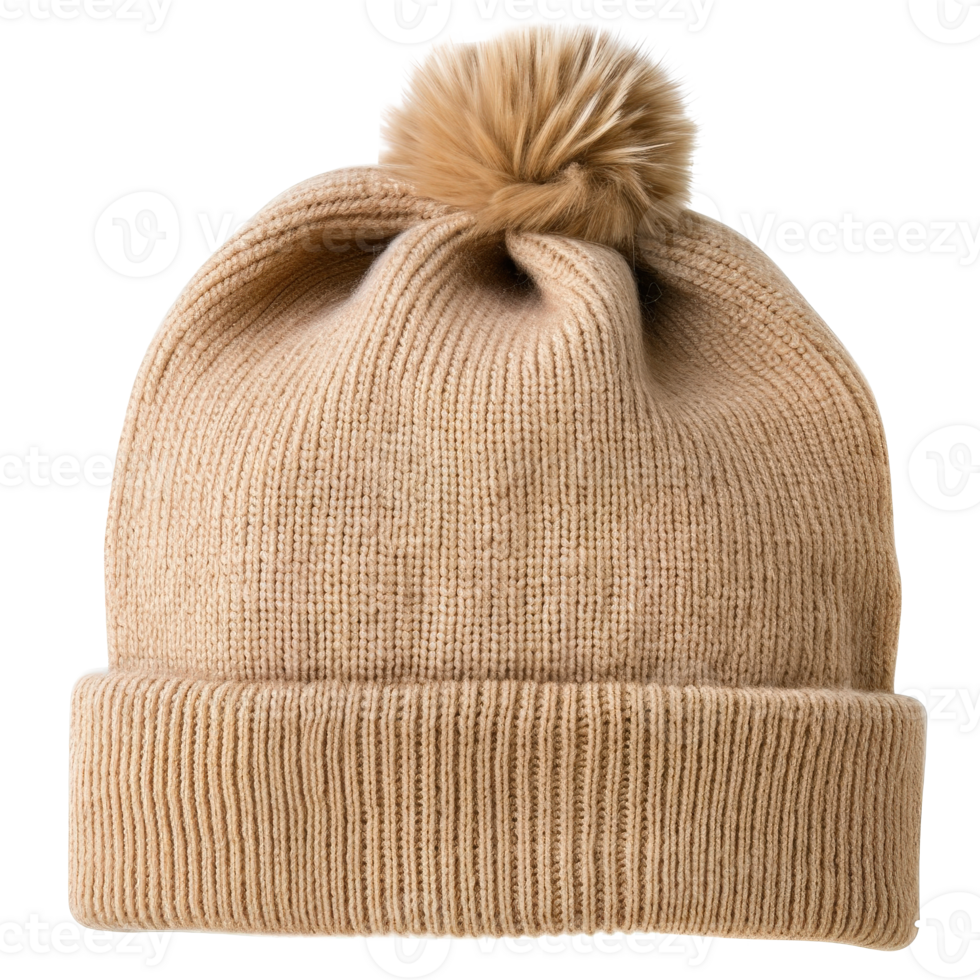 Warm Knit Beanie with Pom Pom Top in Soft Beige Color for Winter Fashion Accessories png
