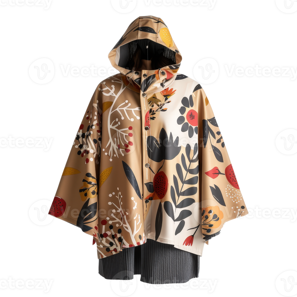 Stylish Weather-Resistant Rain Poncho with Floral Design in Neutral Tones png