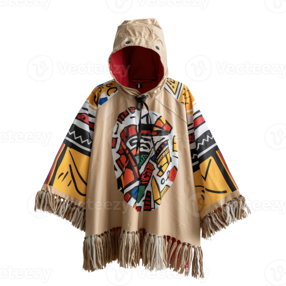 Colorful Artistic Poncho with Hood and Vibrant Patterns for Outdoor and Fashion Use png