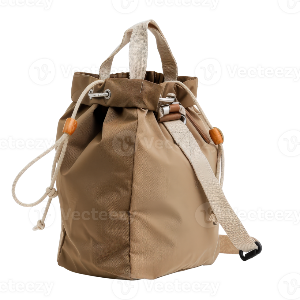 Durable Beige Waterproof Drawstring Bag with Adjustable Straps for Outdoor Activities and Travel png