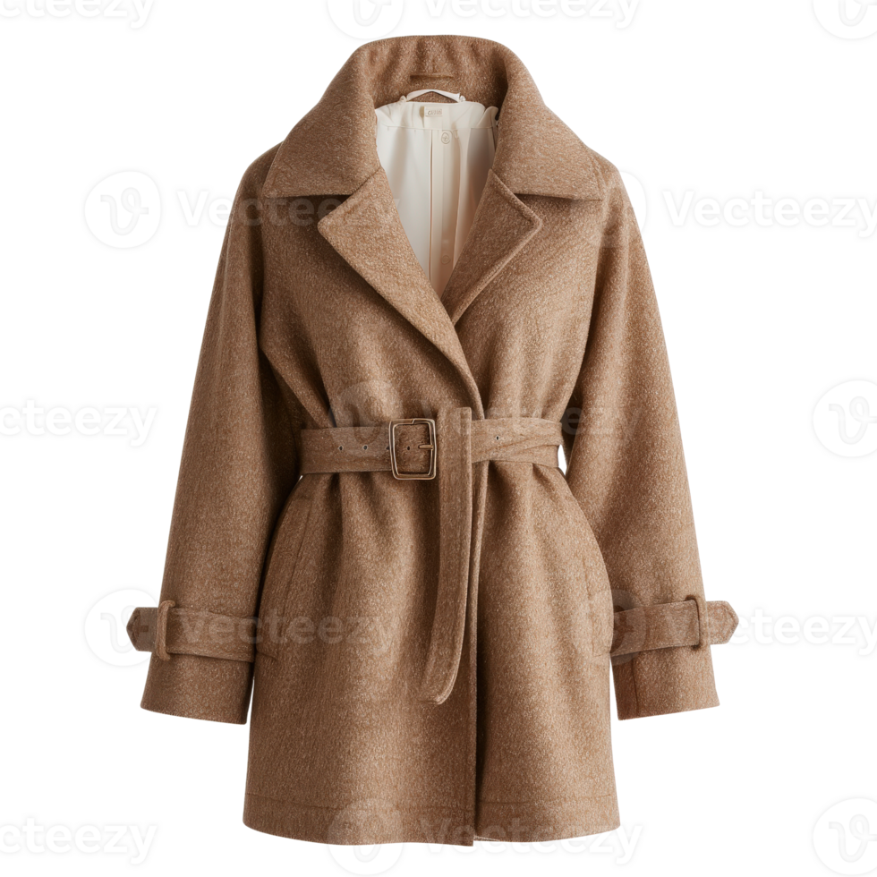 Stylish Brown Wool Coat with Belt and Classic Collar for Seasonal Fashion Statements png