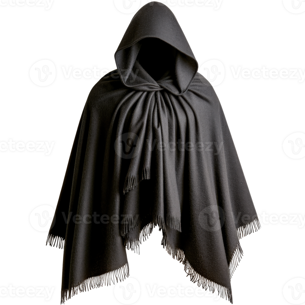 Elegant black hooded shawl with fringe detailing on a clean, white background for versatile fashion uses png