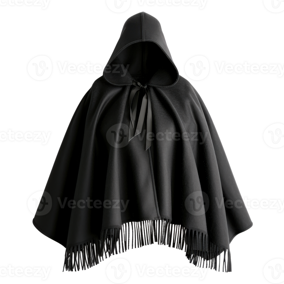 Elegant Black Hooded Cloak with Fringe Detail for Fashion and Costume Styling png