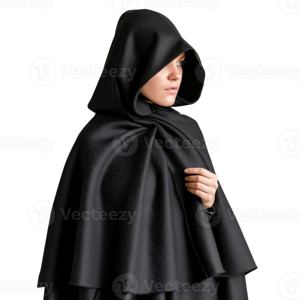 Mysterious Cloaked Figure with Hooded Garment in Dark Fabric Appearing Thoughtful and Contemplative png