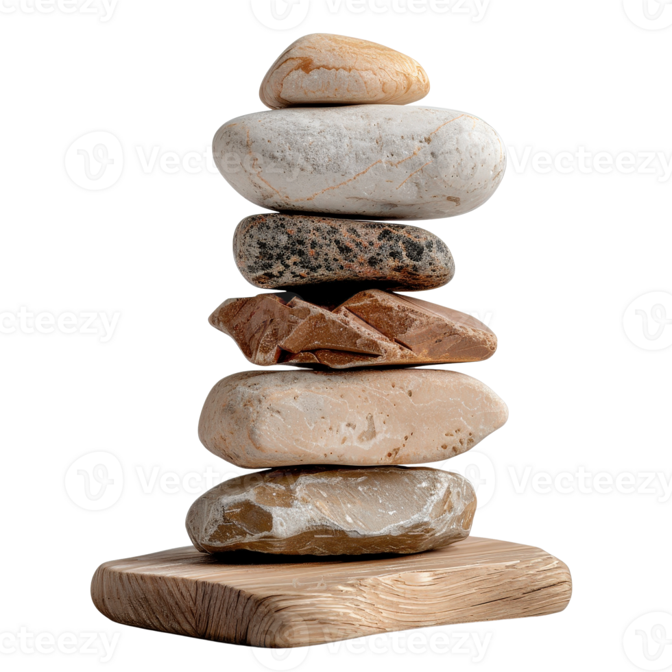 Balanced Arrangement of Smooth Pebbles on a Wooden Base for Serenity and Natural Aesthetics png