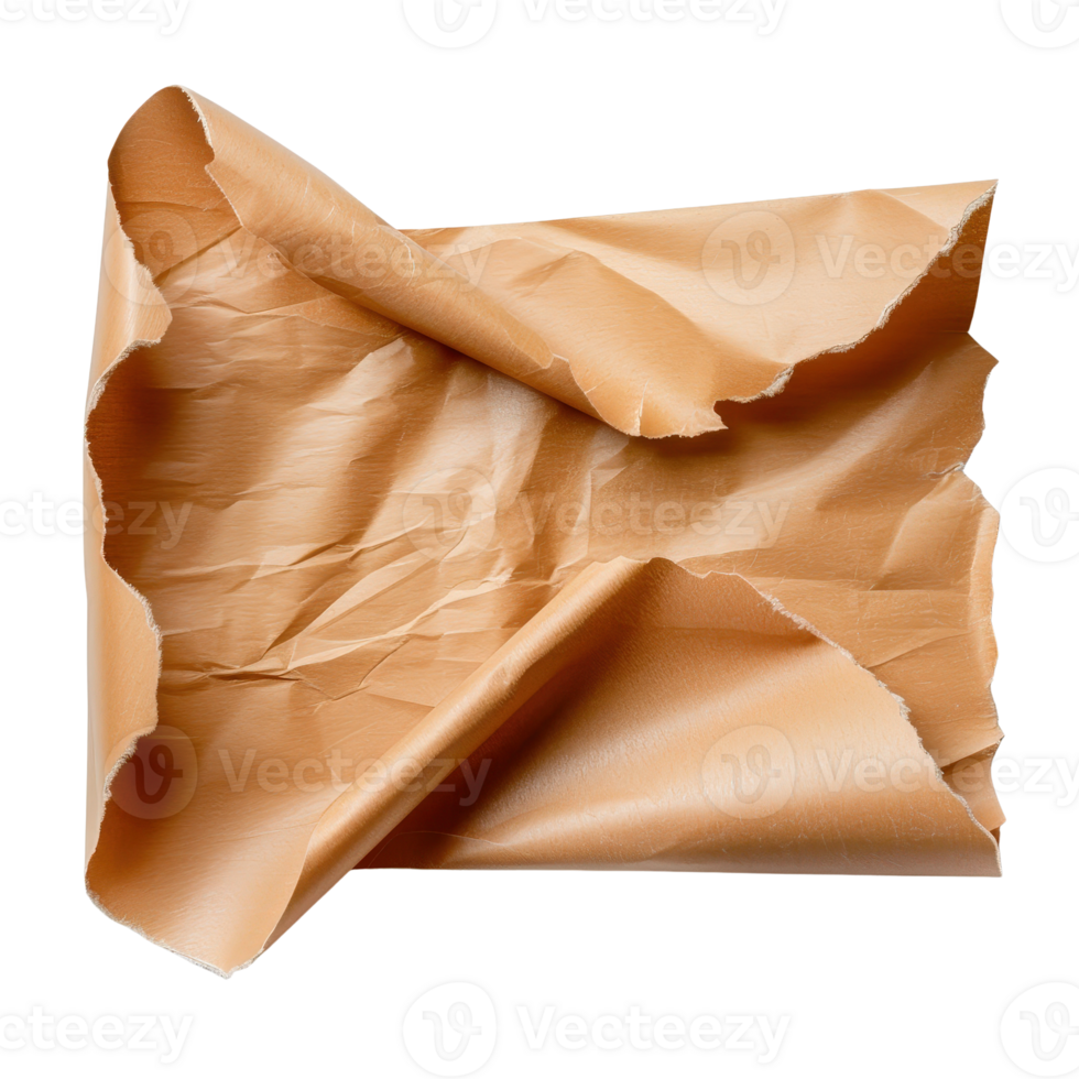 Torn Beige Paper Sheet with Wrinkles and Creases on Transparent Background for Artistic Use png