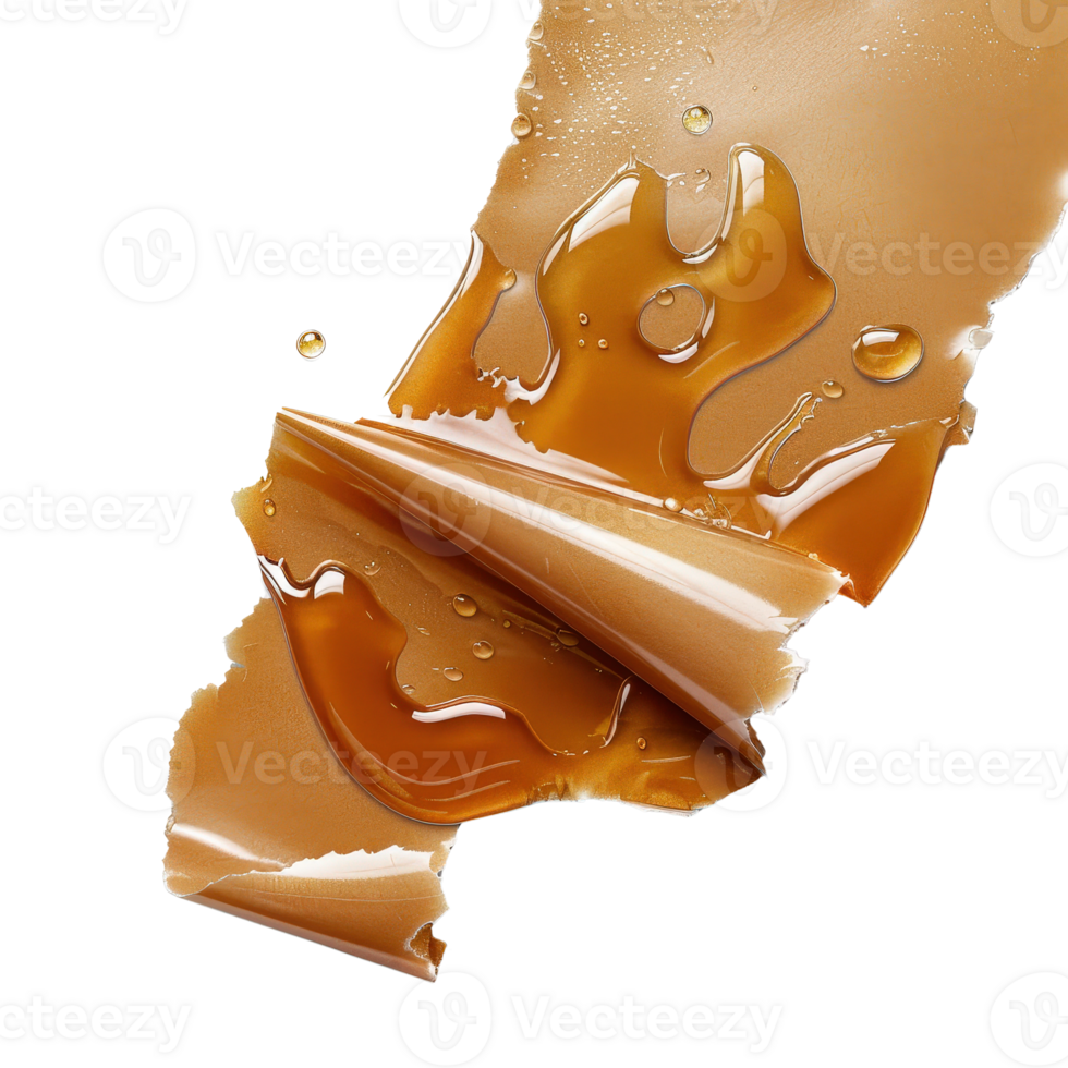 Smooth caramel sauce dripping and pooling on a textured surface with glossy reflections png