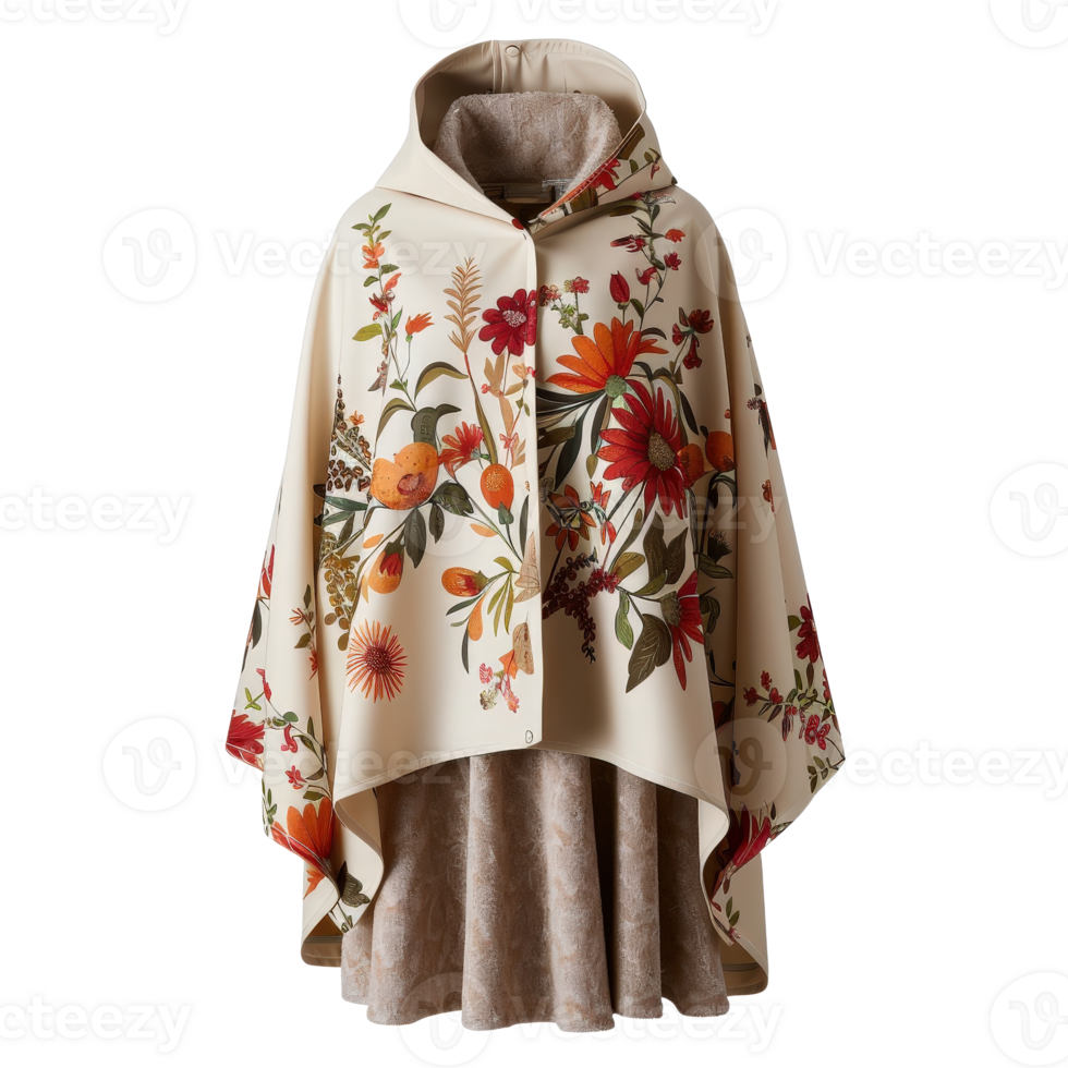Elegant Floral Print Cape with Hood and Lush Design for Stylish Outdoor Wear and Fashion png