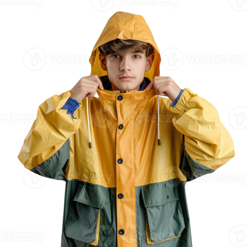 Young Boy in Colorful Rain Jacket Posing for Photo on Isolated Background with Confidence png