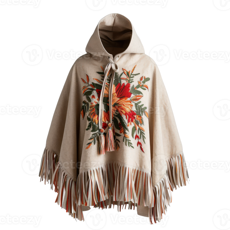 Elegant knitted poncho with floral embroidery and fringed hem ideal for cozy autumn outfits png