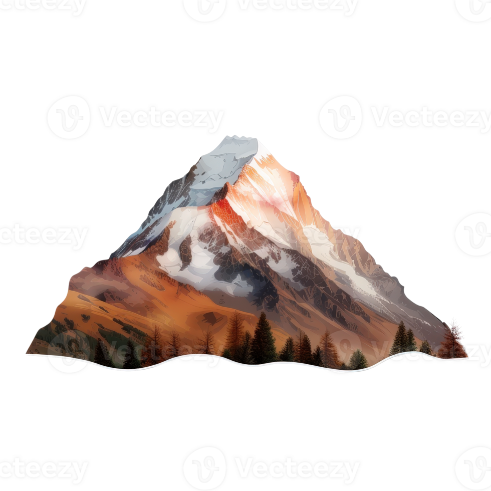 Majestic Mountain Peak Surrounded by Vibrant Forest and Breathtaking Landscape at Sunset png