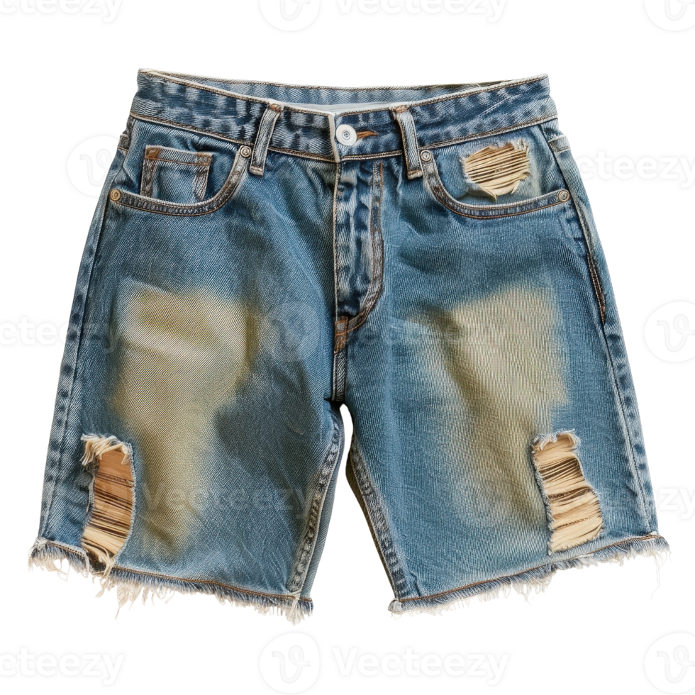 Stylish Distressed Denim Shorts with Vintage Wash and Frayed Hem for Casual Summer Wear png