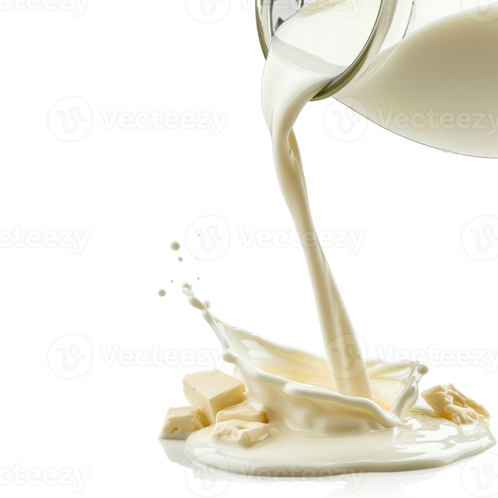 Creamy Milk Pouring Into Glass with Splashes . and Butter Blocks Nearby png