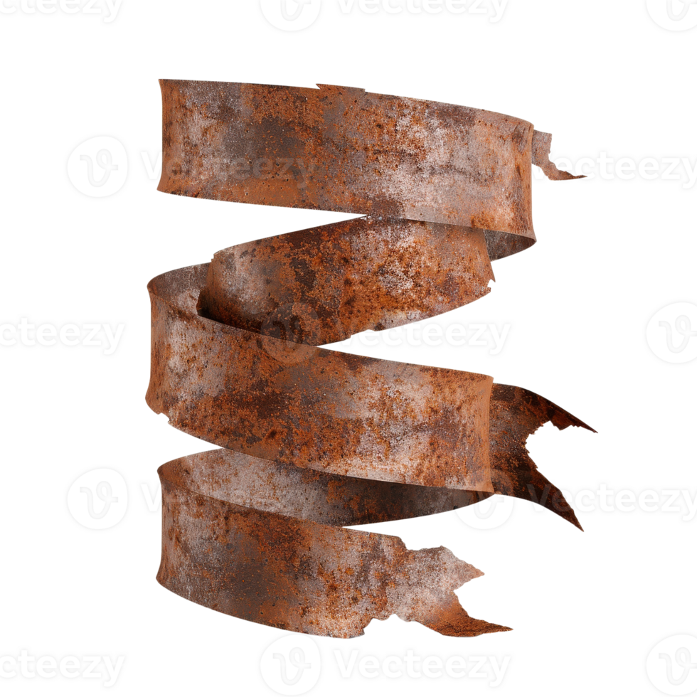 Rusted metal ribbon spiraling down with weathered texture and aged appearance on a transparent background png