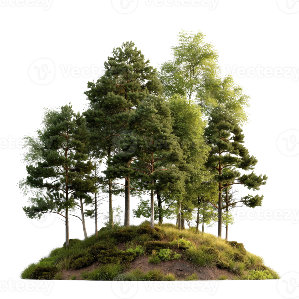 Lush Green Trees on a Small Hill Surrounded by Grass and Bright Vegetation in Natural Setting png
