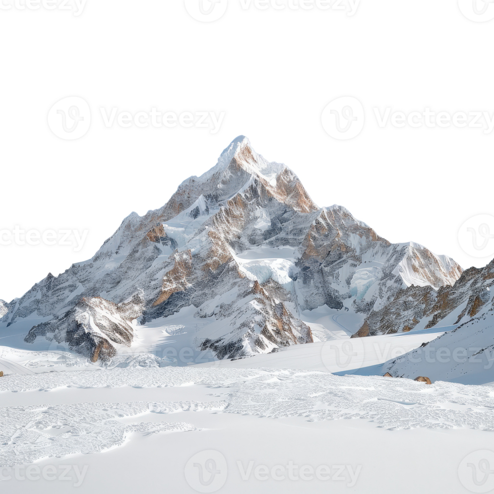 Majestic snow-capped mountain peak surrounded by ice and rocky terrain under clear blue sky png