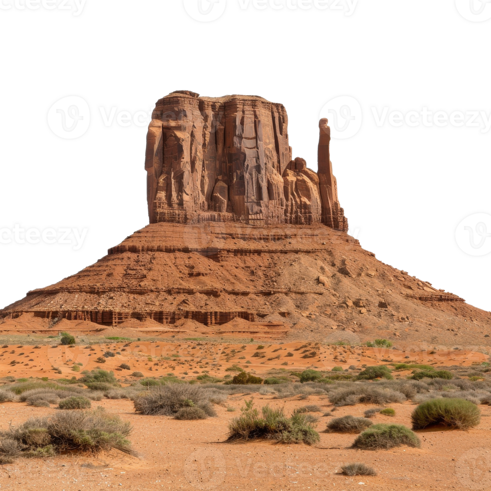 Majestic sandstone monolith in a desert landscape under a clear blue sky, vibrant warm tones png