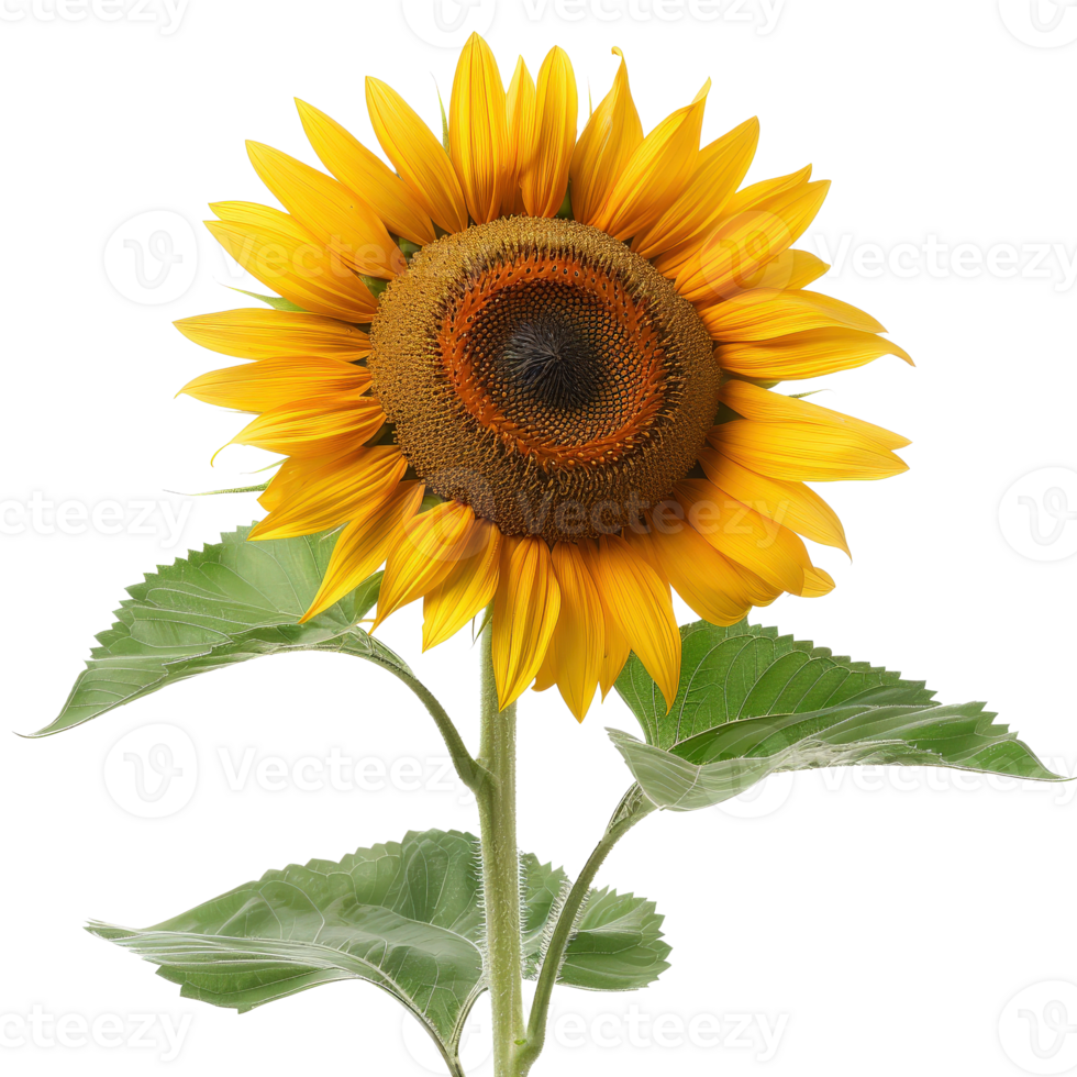 Bright and Vibrant Sunflower Bloom with Leafy Green Stems in a Clear Background png