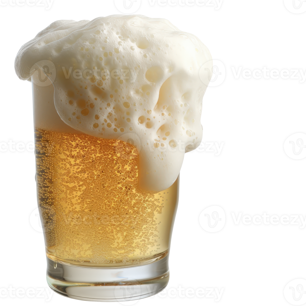 Glass of Frothy Beer with Bubbles and Golden Liquid Captured in Studio Lighting png