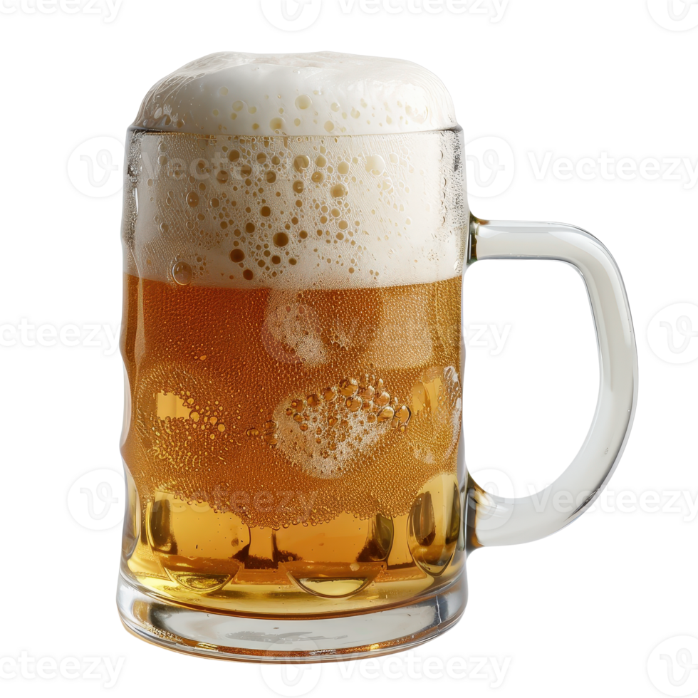 Frosty Mug of Golden Beer with Bubbly Foam and Droplets on Glass Surface png