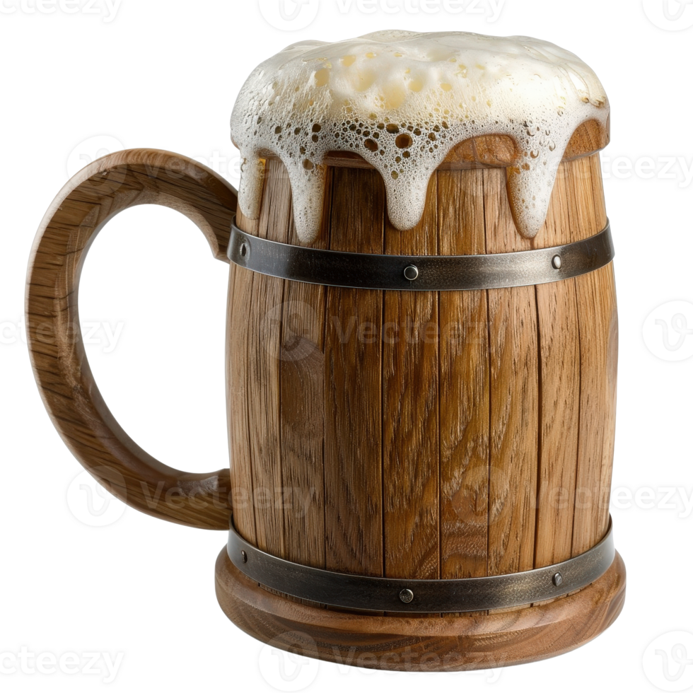 Wooden Beer Mug with Frothy Foam on Top, Vintage Style, Perfect for Home Brewery or Bar Decor png