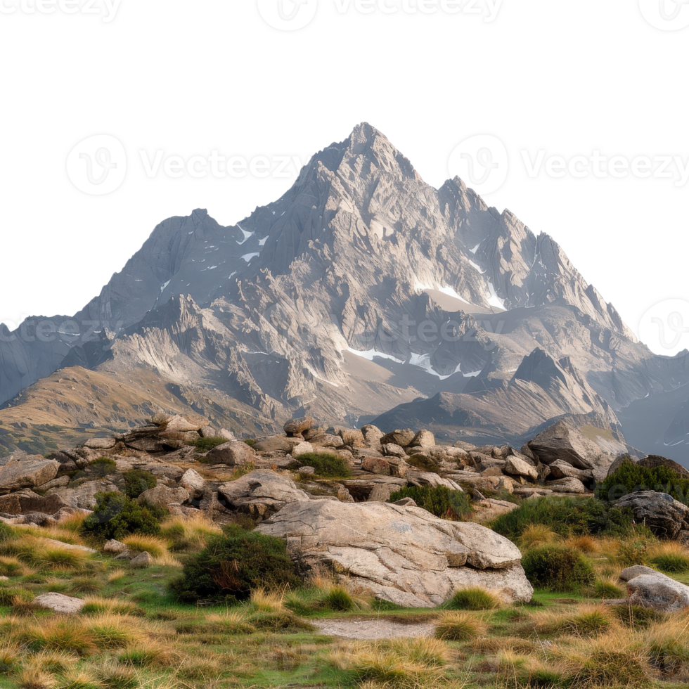 Majestic Mountain Peak Surrounded by Rocky Terrain and Lush Greenery Under Clear Blue Sky png