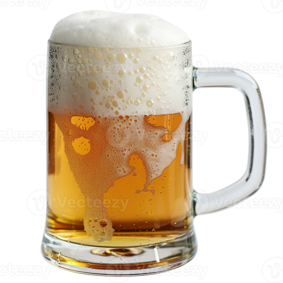 Refreshing Golden Beer in a Clear Mug with Foam Topping and Bubbles Rising Upwards png