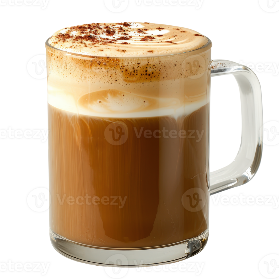 Creamy caramel latte in clear glass mug with frothy milk and chocolate sprinkle on top png