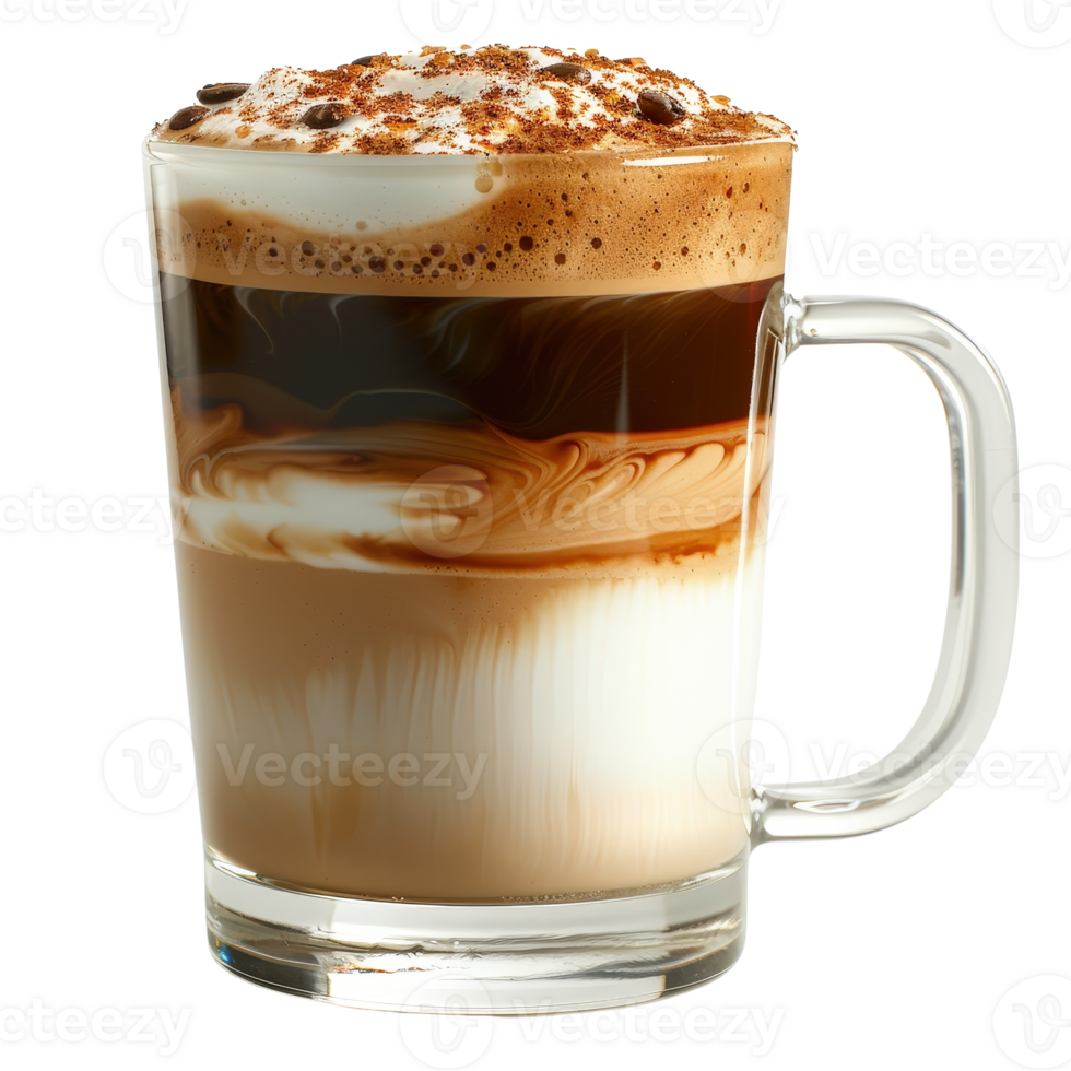 Rich and Creamy Layered Coffee Beverage with Sweet Foam and Chocolate Topping in Glass Mug png