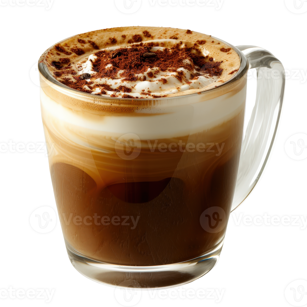 Creamy coffee drink in a glass mug with frothy top and cocoa sprinkles for beverage lovers png